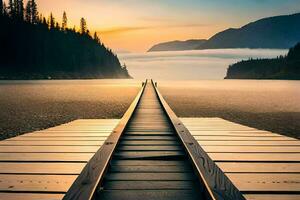 a wooden pier stretches out into the water at sunset. AI-Generated photo