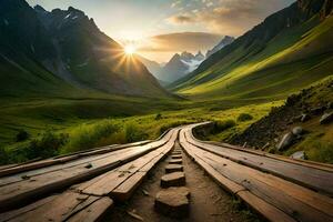 foto fondo de pantalla el cielo, montañas, césped, camino, el sol, el montañas, el camino. generado por ai