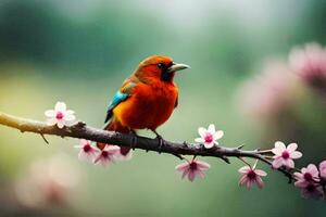un vistoso pájaro se sienta en un rama con rosado flores generado por ai foto