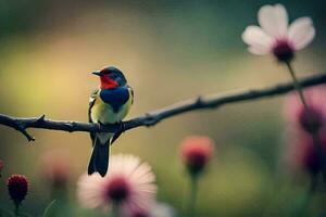 a colorful bird sits on a branch in front of flowers. AI-Generated photo