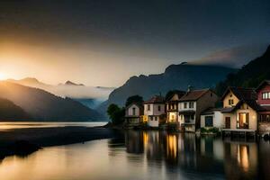 houses on the shore of a lake at sunset. AI-Generated photo