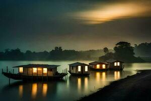 photo wallpaper the sky, boats, the water, the moon, the house, the houseboat. AI-Generated