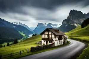 a house on a mountain road with a cloudy sky. AI-Generated photo