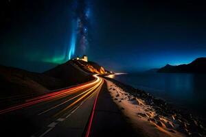 el Aurora luces arriba el cielo terminado un la carretera y un faro. generado por ai foto