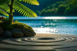 a stone path with a palm tree in the foreground. AI-Generated photo