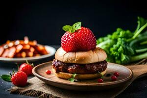 a hamburger with strawberries and vegetables on a plate. AI-Generated photo