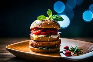 a hamburger with tomato, lettuce and cheese on a wooden plate. AI-Generated photo