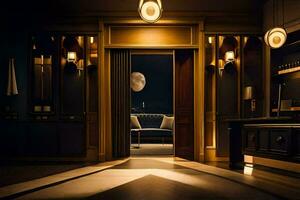 a bathroom with a large mirror and a large window. AI-Generated photo