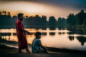 un hombre y chico sentado en el apuntalar de un lago a puesta de sol. generado por ai foto