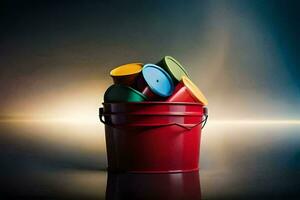 a red bucket with many colorful plastic containers. AI-Generated photo