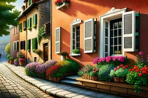 a street with flowers and plants on the side. AI-Generated photo