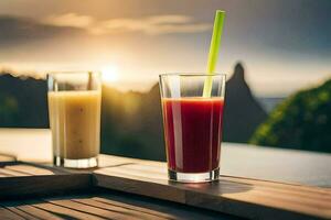 two glasses of juice on a wooden table with the sun setting behind them. AI-Generated photo
