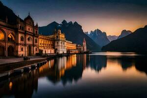 un hermosa edificio se sienta en el apuntalar de un lago. generado por ai foto