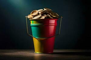 a bucket filled with coins on a dark background. AI-Generated photo