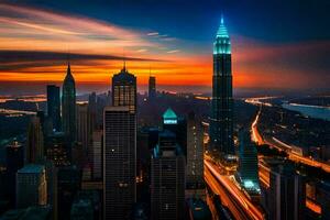 el ciudad horizonte a puesta de sol con el rascacielos en el primer plano. generado por ai foto