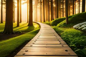 a wooden path leads to the sun in the forest. AI-Generated photo