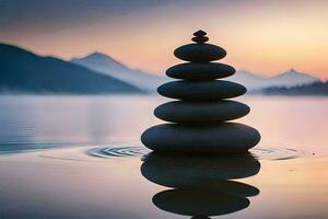 apilado piedras en agua a puesta de sol con montañas en el antecedentes. generado por ai foto