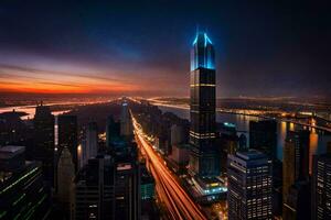 el ciudad horizonte a noche con un azul cielo. generado por ai foto