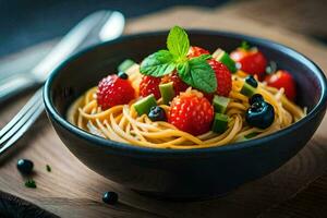 a bowl of pasta with berries and mint leaves. AI-Generated photo