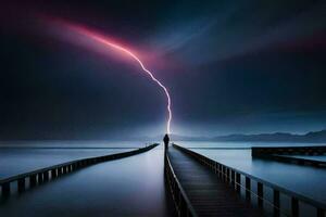 a man standing on a pier with a lightning bolt coming out of the sky. AI-Generated photo