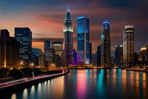 el ciudad horizonte a noche con el río y agua. generado por ai foto