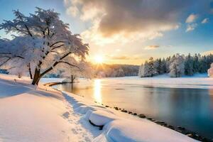 un Nevado paisaje con un río y arboles generado por ai foto