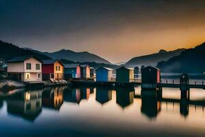vistoso casas en el agua a puesta de sol. generado por ai foto