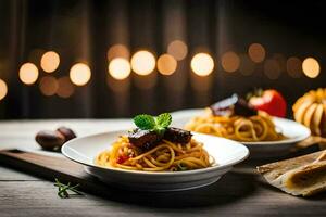 spaghetti with meat and bread on a wooden table. AI-Generated photo