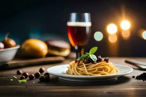 spaghetti with meatballs and sauce on a plate. AI-Generated photo