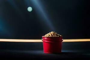 un rojo Cubeta lleno con palomitas de maiz en un oscuro antecedentes. generado por ai foto