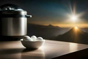 a bowl of eggs on a table next to an instant pot. AI-Generated photo