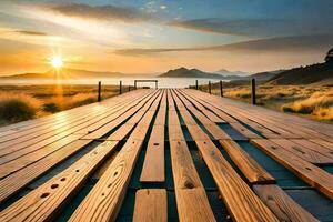 a wooden bridge over a field at sunset. AI-Generated photo