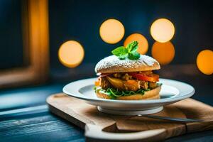 a hamburger with vegetables and mint on a plate. AI-Generated photo