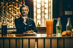 un hombre en un traje es sentado a un bar con naranja jugo y un vaso de agua. generado por ai foto