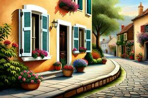 a painting of a street with flowers and plants. AI-Generated photo