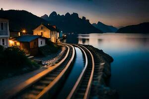 un tren pistas yendo mediante un pueblo a oscuridad. generado por ai foto