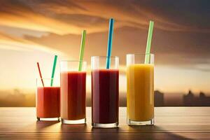 four glasses of juice with straws on a table. AI-Generated photo