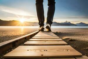 a person walking on a wooden path over a beach. AI-Generated photo