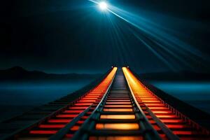 a train track with bright lights shining on it. AI-Generated photo