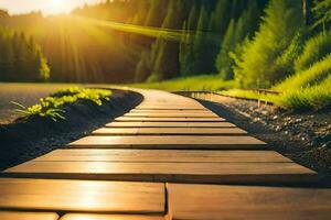 a wooden path in the middle of a field. AI-Generated photo