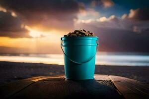 a bucket of peanuts on a table in front of the sunset. AI-Generated photo