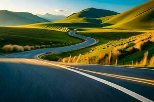 a winding road in the mountains with grass and hills. AI-Generated photo