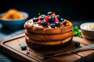 a stack of cheesecake with berries and peanut butter. AI-Generated photo