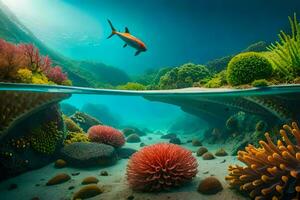 un pescado nada en el Oceano con coral y otro plantas. generado por ai foto