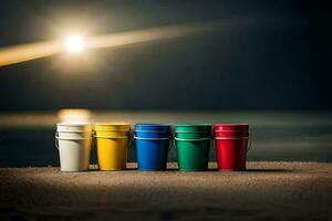 colorful buckets on the beach at night. AI-Generated photo