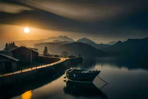 a boat sits on the water in front of a mountain. AI-Generated photo