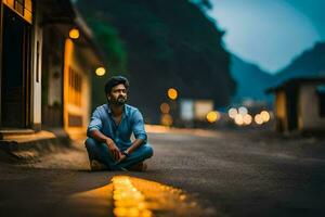 a man sitting on the road at night. AI-Generated photo