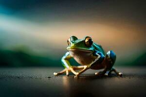 a frog sitting on a table with a blurry background. AI-Generated photo