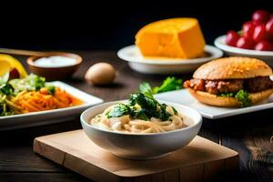 a table with food and drinks on it. AI-Generated photo