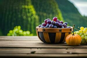 grapes and pumpkins in a basket on a table. AI-Generated photo